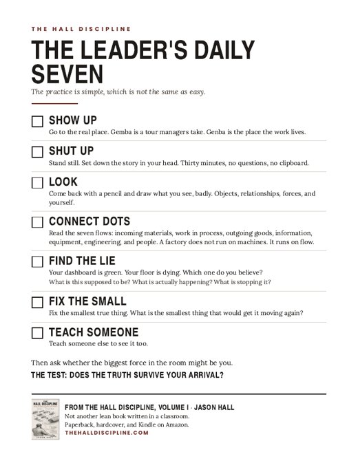 The Leader’s Daily Seven, a one-page checklist from The Hall Discipline, Volume I
