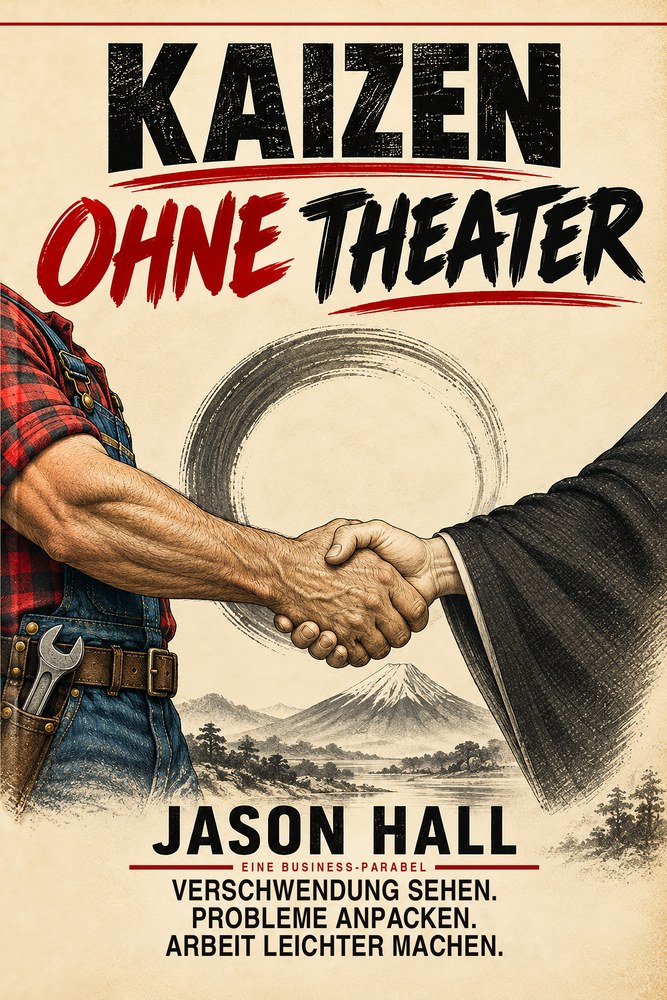 Front cover of Kaizen ohne Theater by Jason Hall, the German edition of A Redneck’s Guide to Kaizen